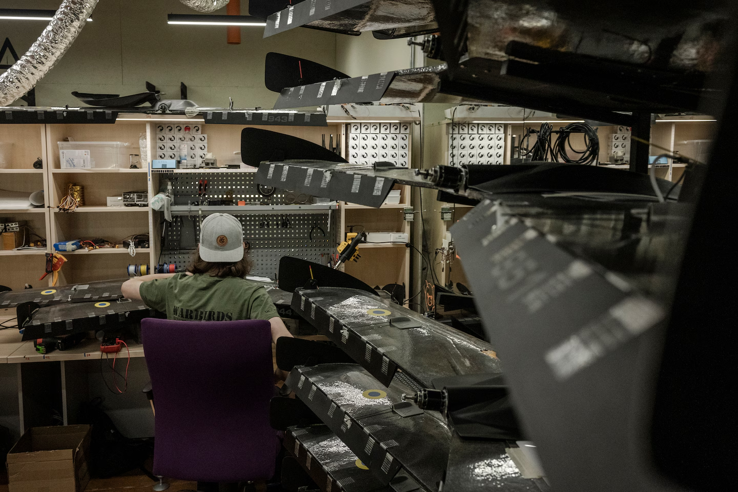Workshop with fixed-wing drones in production