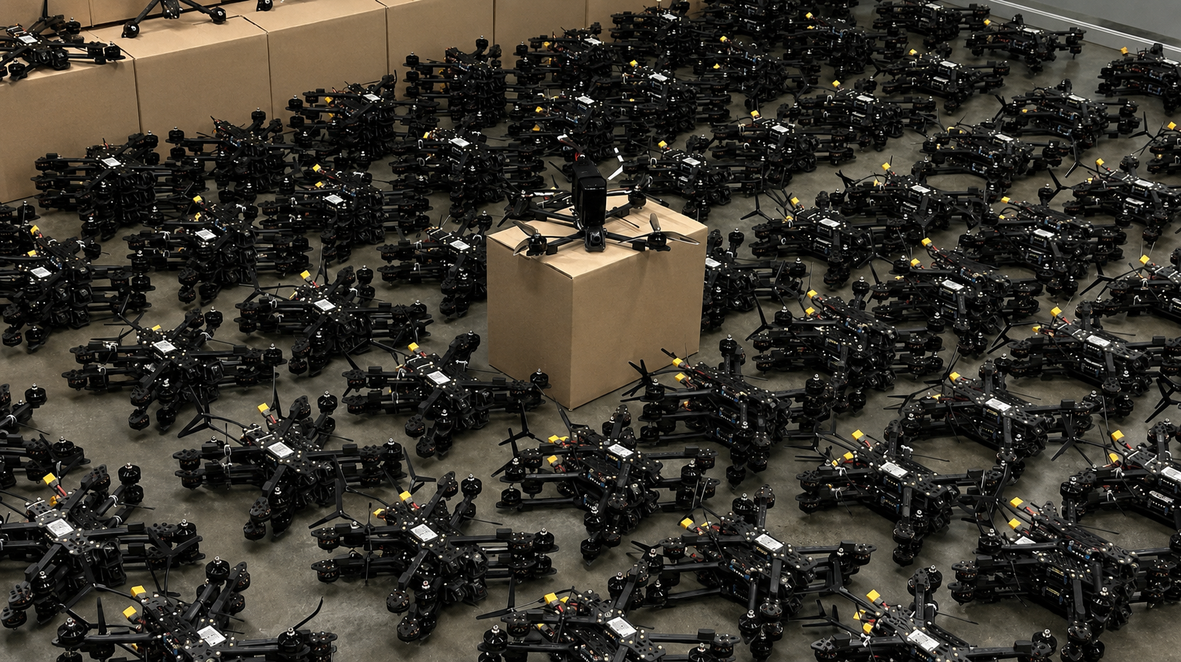 Rows of FPV drone frames assembled on a workshop floor, ready for shipment.